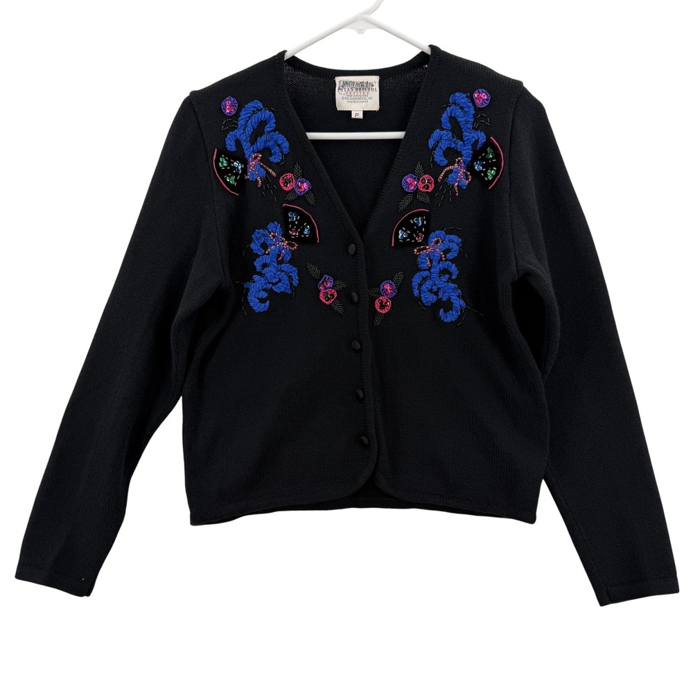 Susan Bristol Vintage 90s Black Embroidered Cardigan Sweater Womens Petite P